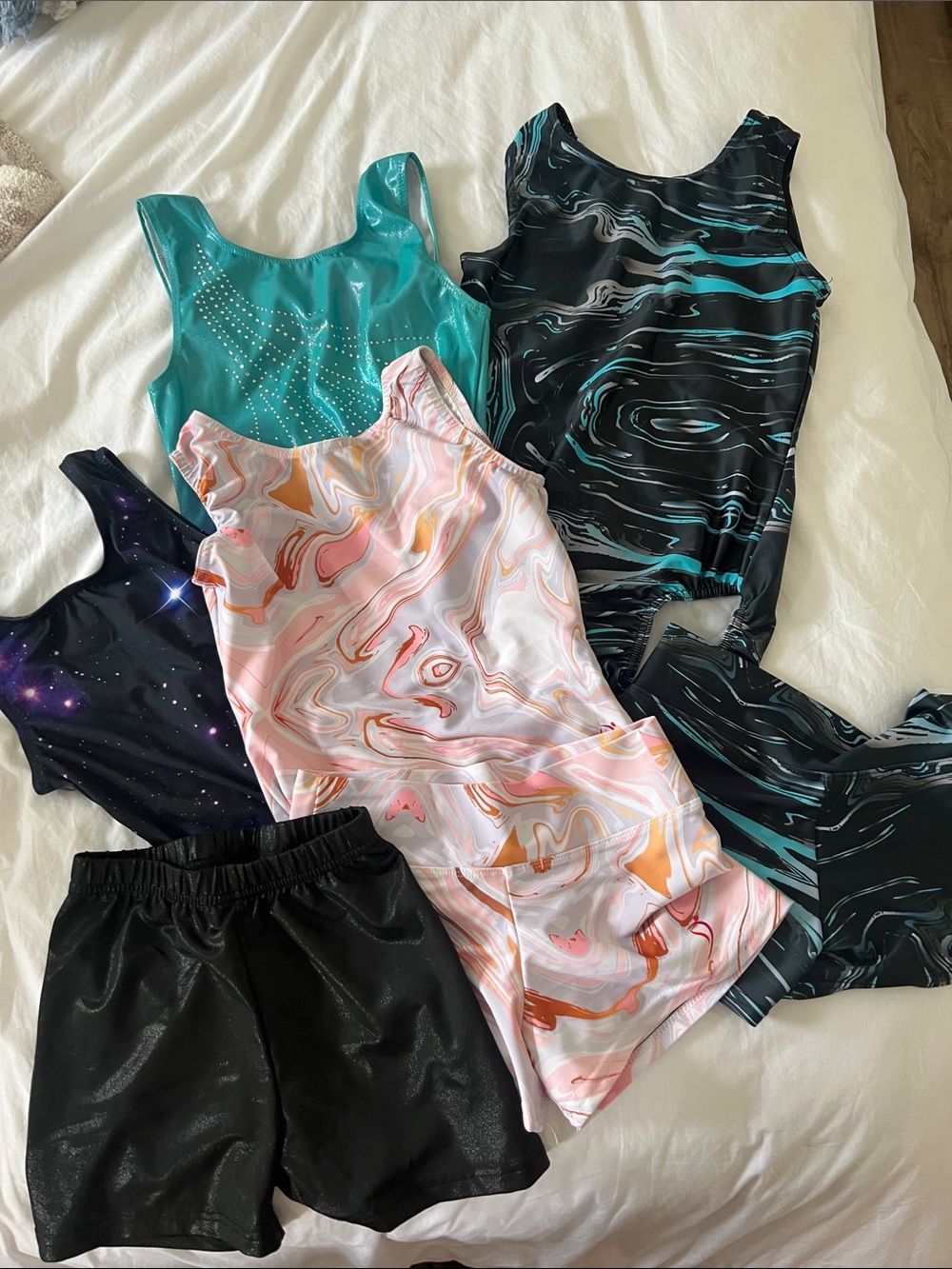 Assorted Girls' Gymnastics Leotards and Shorts - Teal, Black, Pink Marble